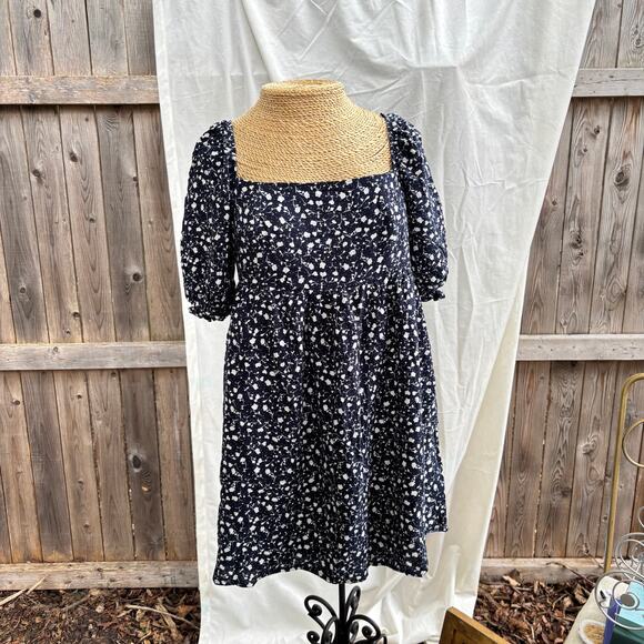 Francesca’s Women’s Small Puff Sleeve Floral‎ Navy Blue Mini Dress Cottagecore - Picture 1 of 7